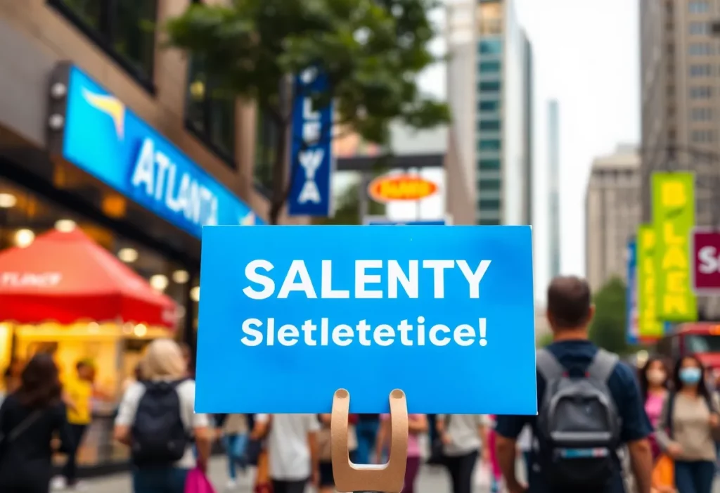 View of downtown Atlanta depicting a lively urban environment with visible safety measures.