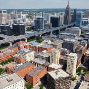 Aerial view of Atlanta with viaducts and modern buildings.