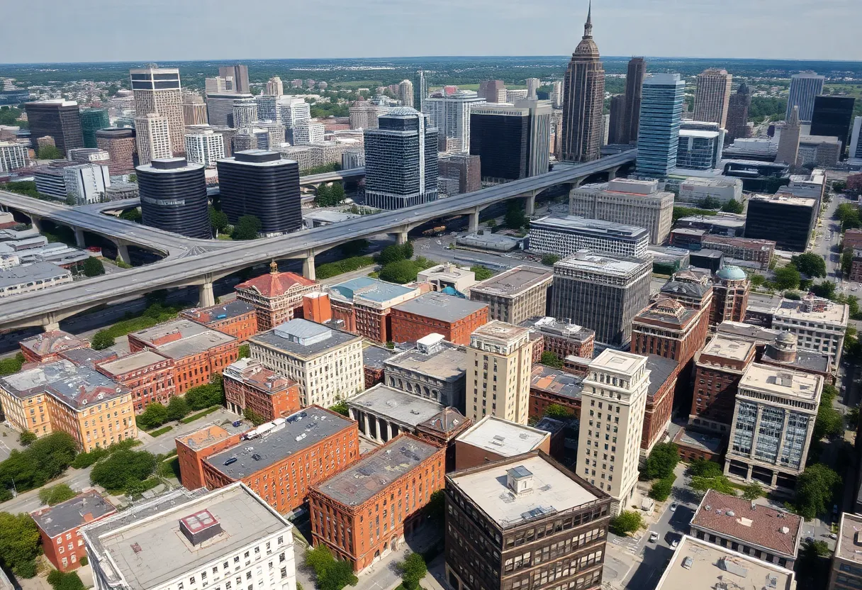 Aerial view of Atlanta with viaducts and modern buildings.