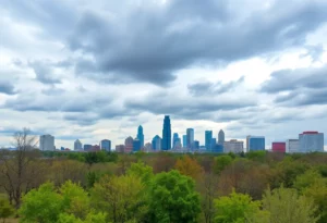 Cloudy skies over Atlanta skyline highlighting weather conditions