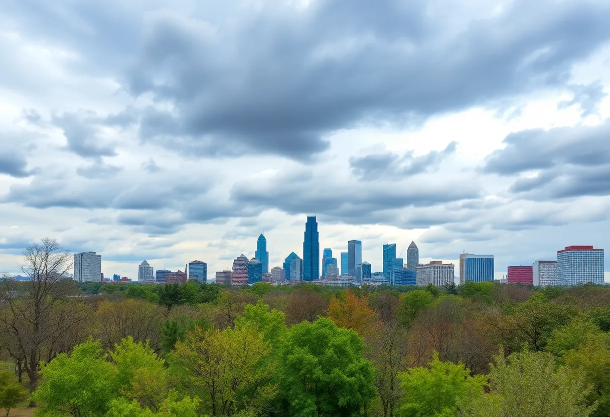 Cloudy skies over Atlanta skyline highlighting weather conditions