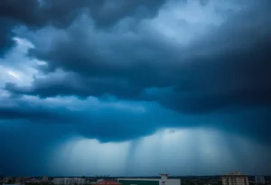 Dark clouds over Atlanta indicating weather alert