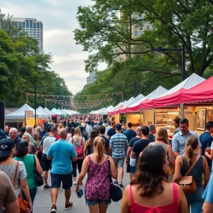 Crowd enjoying festivals in Atlanta with music and art displays