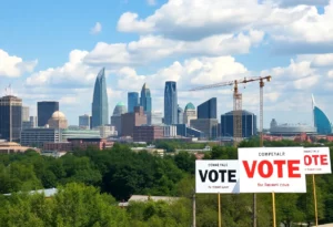 Atlanta cityscape with construction and voting signage
