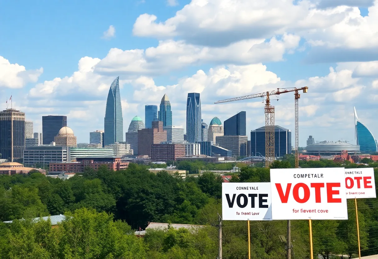 Atlanta cityscape with construction and voting signage