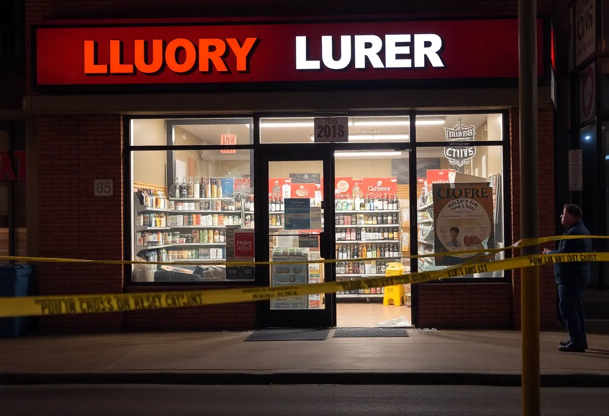 Image depicting the entrance of a liquor store with broken glass due to a theft incident.