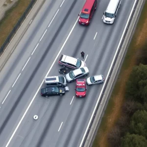 Aerial view of a multi-vehicle accident on the highway.