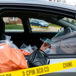 Investigators at a car theft scene involving unreleased music