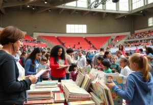 Children participating in a community book fair promoting literacy.