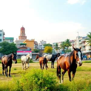 Urban landscape showcasing horses with a backdrop of Atlanta's cityscape.