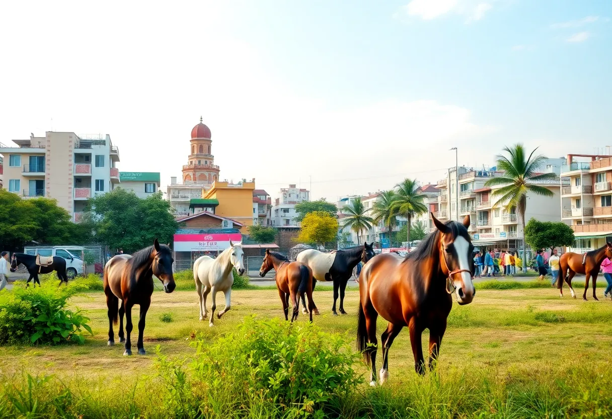 Urban landscape showcasing horses with a backdrop of Atlanta's cityscape.