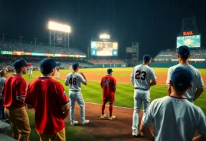 Players preparing to resume the game after rain delay at the stadium.