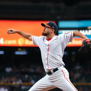 A pitcher from the Atlanta Braves delivering a pitch during a game