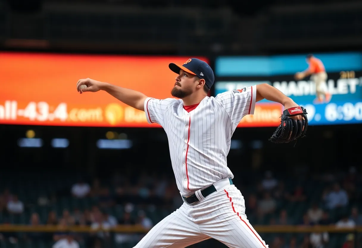 A pitcher from the Atlanta Braves delivering a pitch during a game