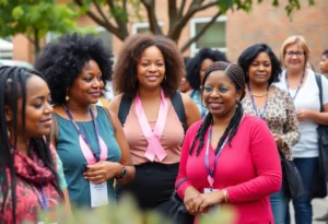 Women participating in a breast cancer awareness screening event.