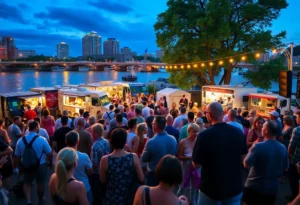 A lively scene from the Bridge City Jazz Fest with people enjoying performances at the amphitheater.