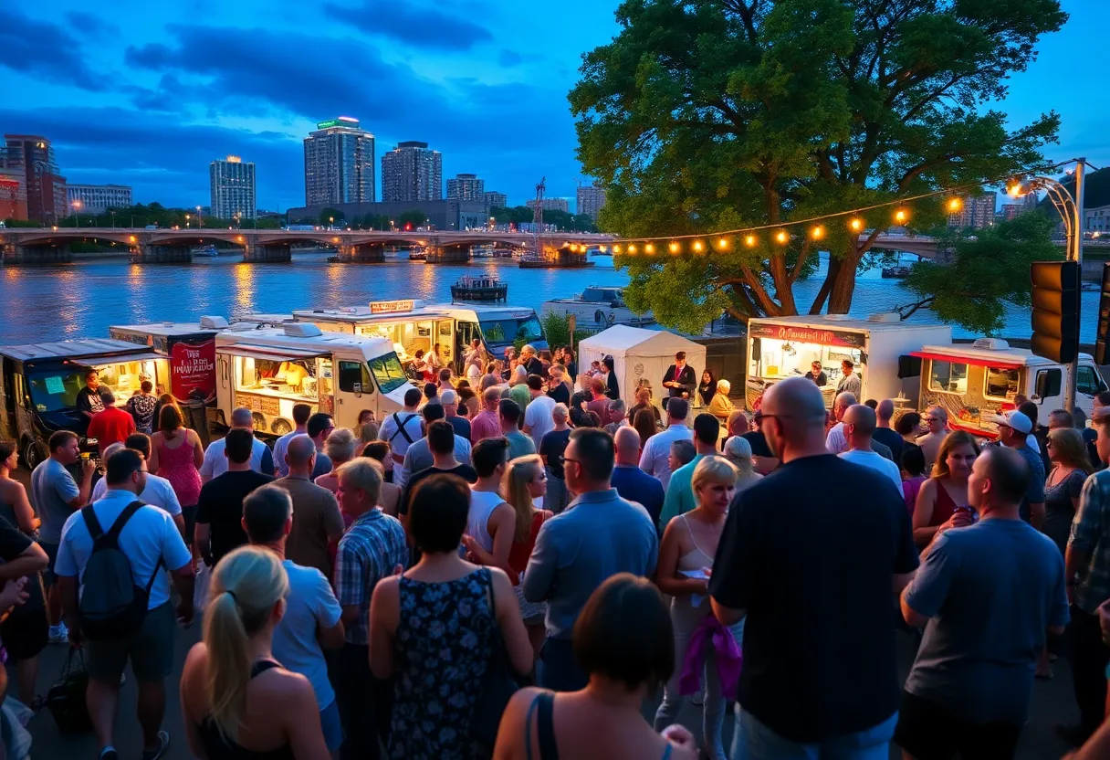 A lively scene from the Bridge City Jazz Fest with people enjoying performances at the amphitheater.