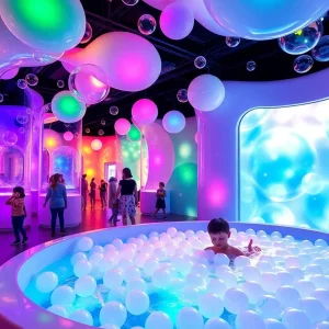 Children enjoying the Bubble Planet Experience with colorful bubbles and interactive displays