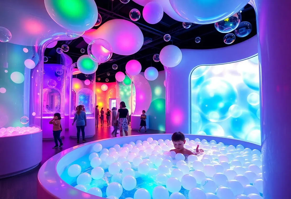 Children enjoying the Bubble Planet Experience with colorful bubbles and interactive displays