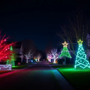 A serene view of Christmas lights in a quiet neighborhood of Atlanta.