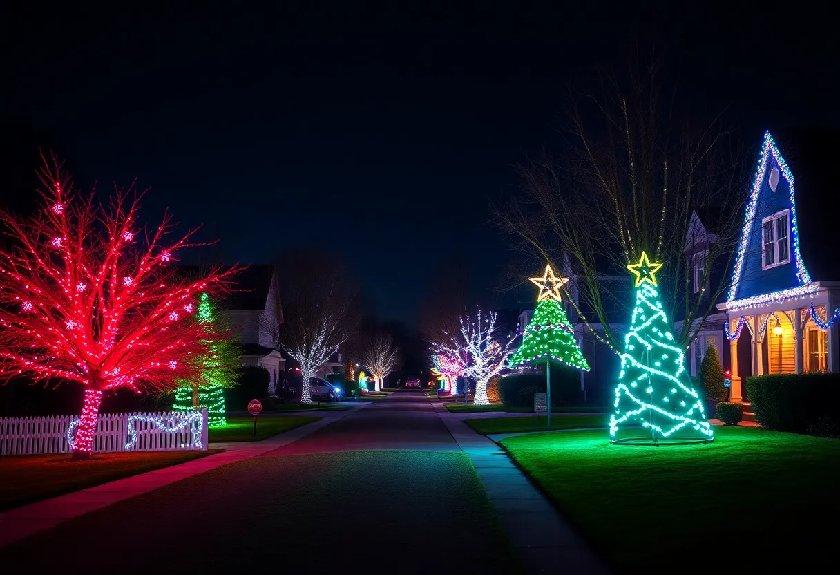 A serene view of Christmas lights in a quiet neighborhood of Atlanta.