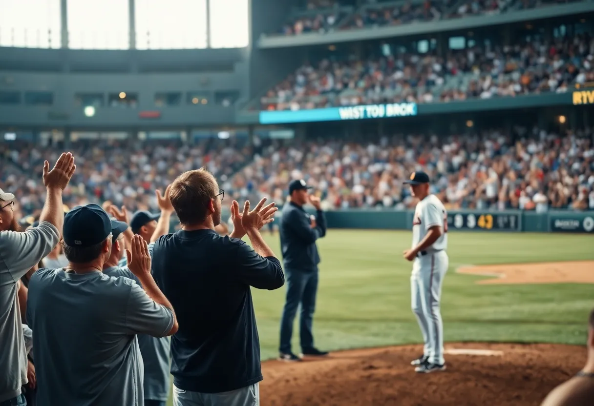 Fans giving a standing ovation during Charlie Morton's final game.