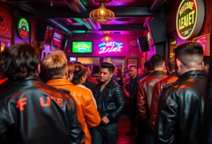 LGBTQ+ leather community gathering in a bar setting