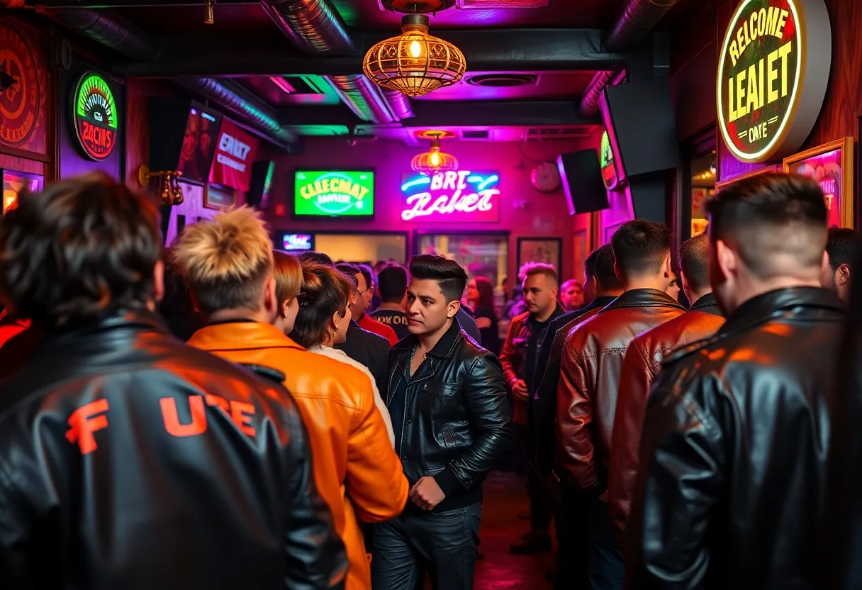LGBTQ+ leather community gathering in a bar setting