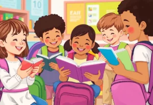 Diverse children reading books in a classroom