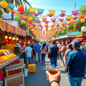 Celebration scene from a Cinco de Mayo fiesta in Atlanta with food stalls and live music.