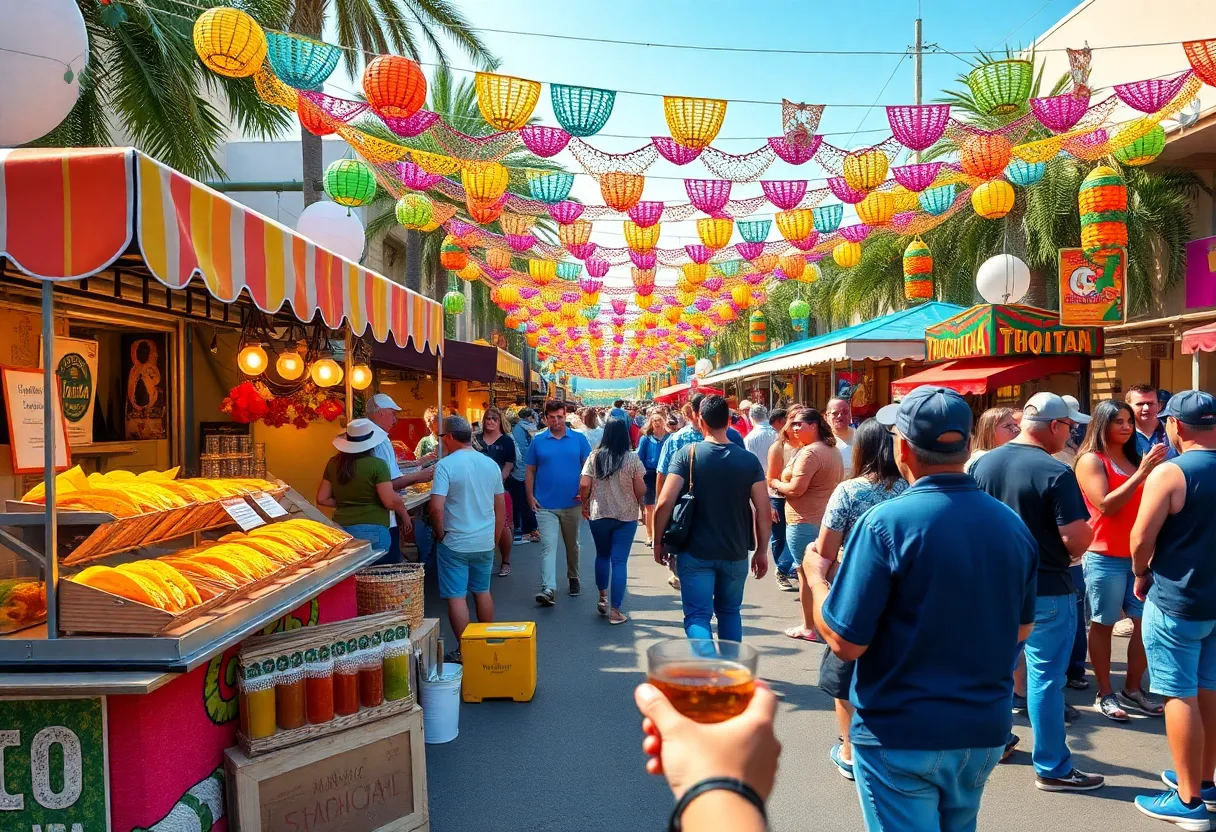 Celebration scene from a Cinco de Mayo fiesta in Atlanta with food stalls and live music.