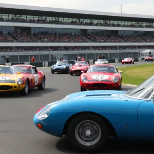 Classic sports cars competing at a racetrack