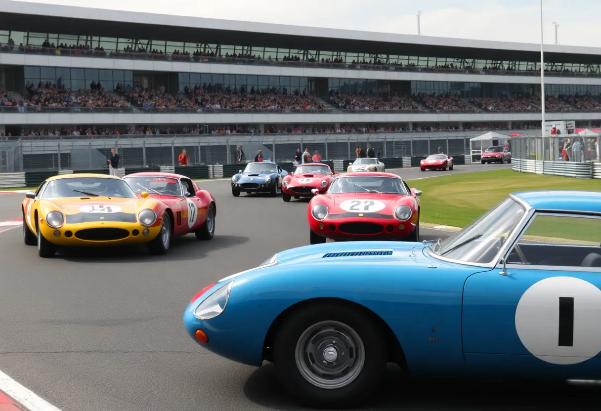 Classic sports cars competing at a racetrack