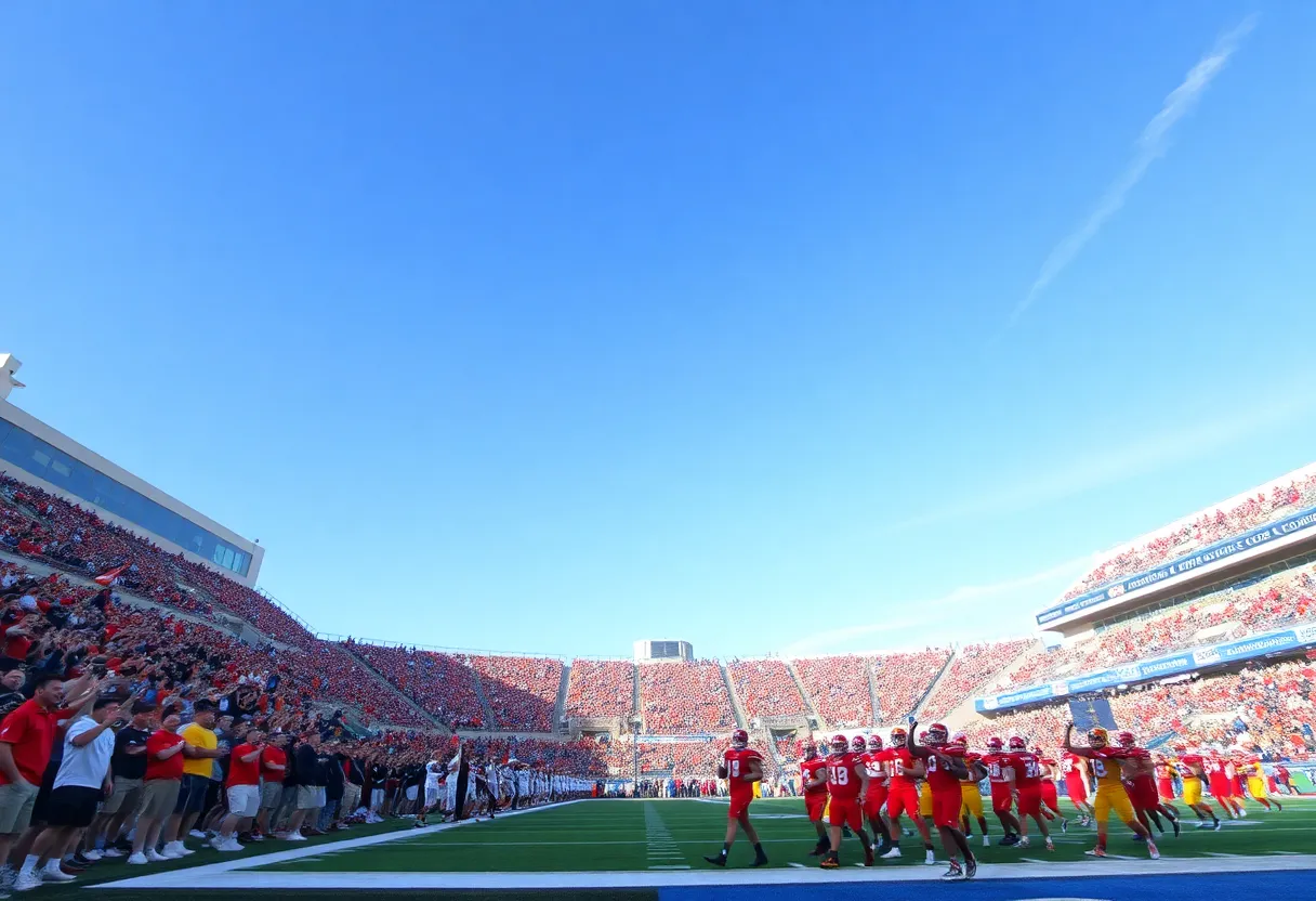 Clemson Tigers and Georgia Tech Yellow Jackets warming up on the field under clear skies.
