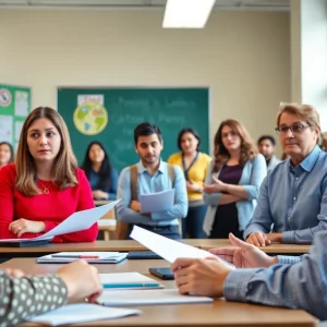Educators and parents discussing in a school environment