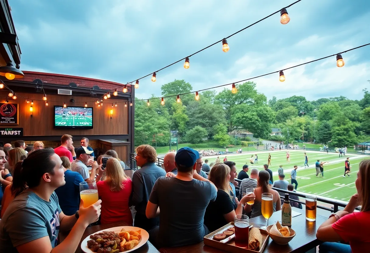 Excited fans enjoying a college football watch party at Park Tavern