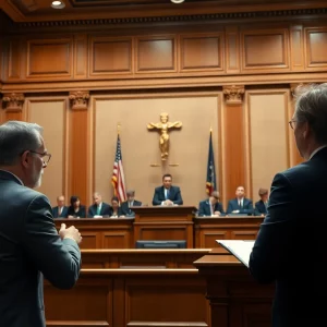 A courtroom scene representing a legal decision