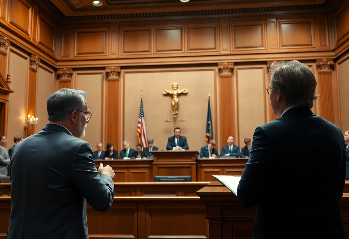 A courtroom scene representing a legal decision