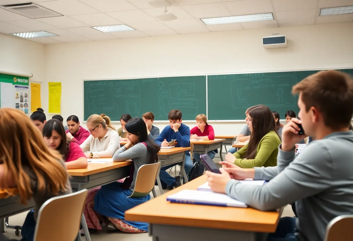 Students engaged in a classroom without cellphones