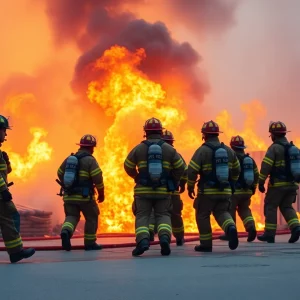 Firefighters battling a blaze at a warehouse