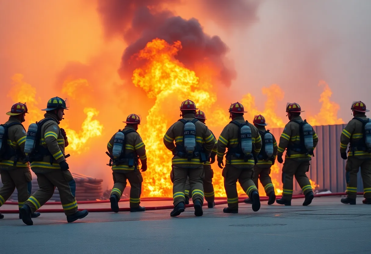 Firefighters battling a blaze at a warehouse