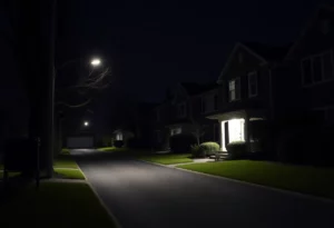 Suburban home with security features at night
