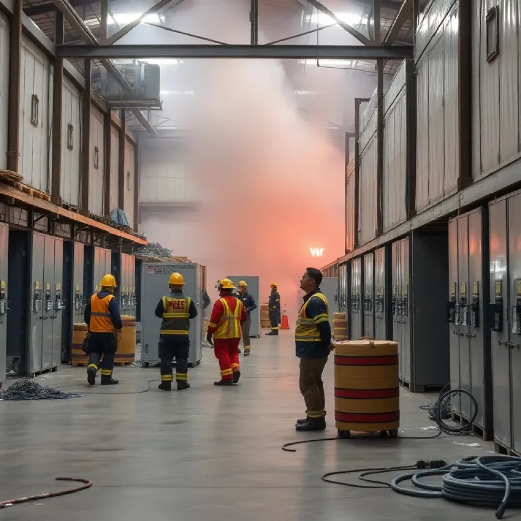 Scene of warehouse explosion in DeKalb County with emergency responders.