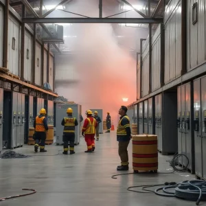 Scene of warehouse explosion in DeKalb County with emergency responders.