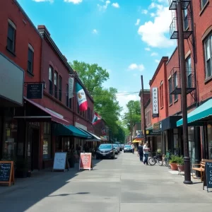 Community scene in East Atlanta Village with local businesses