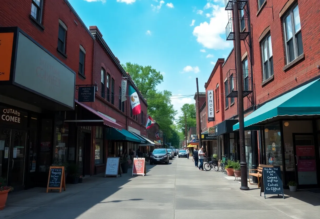Community scene in East Atlanta Village with local businesses