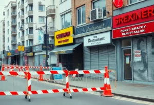 Construction barriers on Main Street in East Point obstructing storefronts.