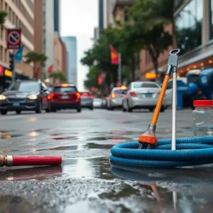 Plumbing emergency in Atlanta street with tools