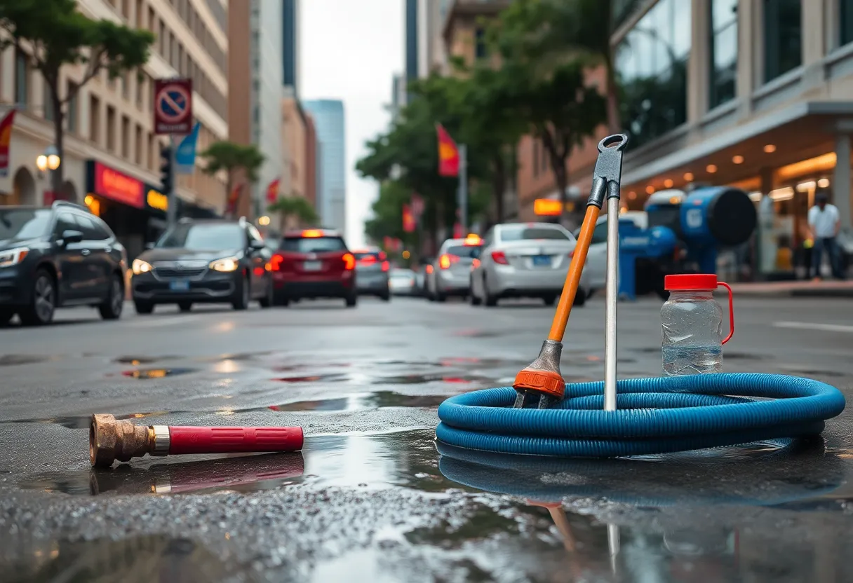 Plumbing emergency in Atlanta street with tools