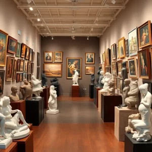 Interior view of the new Exhibits Gallery showcasing diverse sculptures.